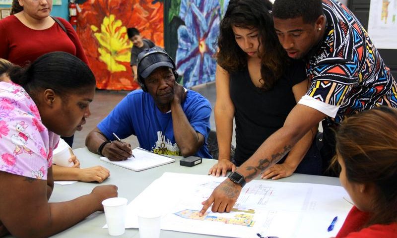 UNIDAD members studying Southeast LA community plan map