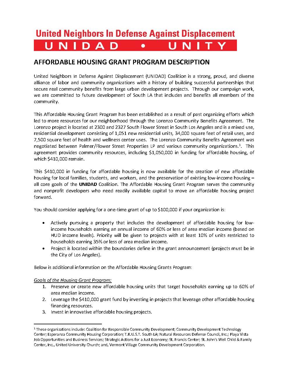 Affordable Housing Grant Program UNIDAD